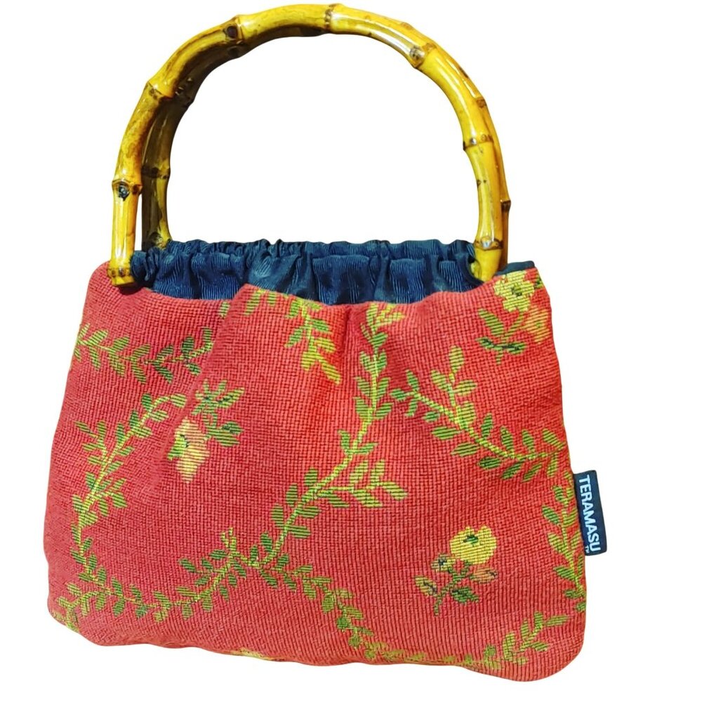 Teramasu Red Green Floral Tapestry Handbag Lined One Of A Kind Bamboo Handles